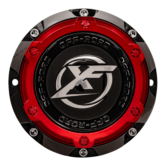 XF-220 Cap Red For Gloss Black Red milled 22x12, 5x lug & 6x lug wheel; XF-214 Cap Red For Gloss Black Red milled 20x9, 5x lug & 6x lug wheel.