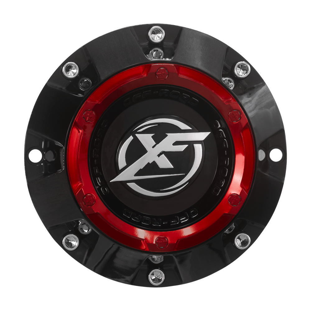 XF-220, XF-222, XF-224 Cap Red For Gloss Black Red milled 20x12, 22", 8x lug wheel.